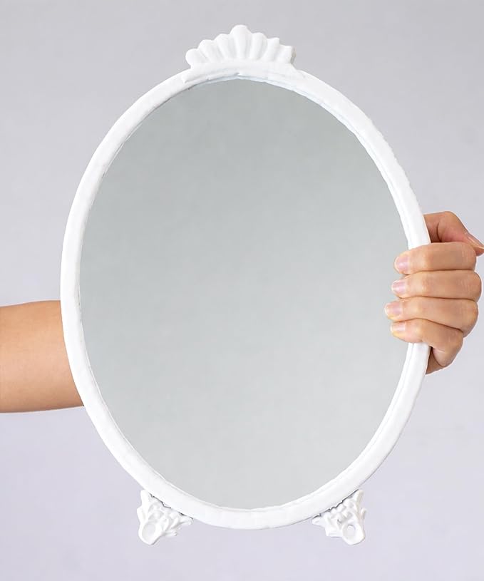 Gold Vintage Decor Vanity Mirror,Baroque Wall Art Retro Oval Mirror,Antique Wall Mirrors Decorative,Maximalist Decor Mirror for Desk Bedroom Bathroom Dresser Wall-Mounted,11.0" L x 7.9" W White