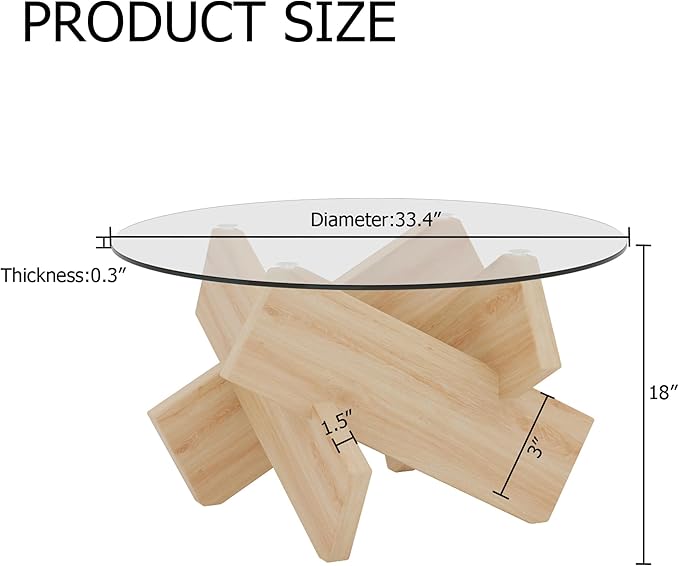 Round Glass Top Coffee Tables for Living Room, 33.4 Inch Modern Wood and Glass Coffee Table, Mid Century Circle Coffee Table with Crossed Legs, Round Center Table for Living Room