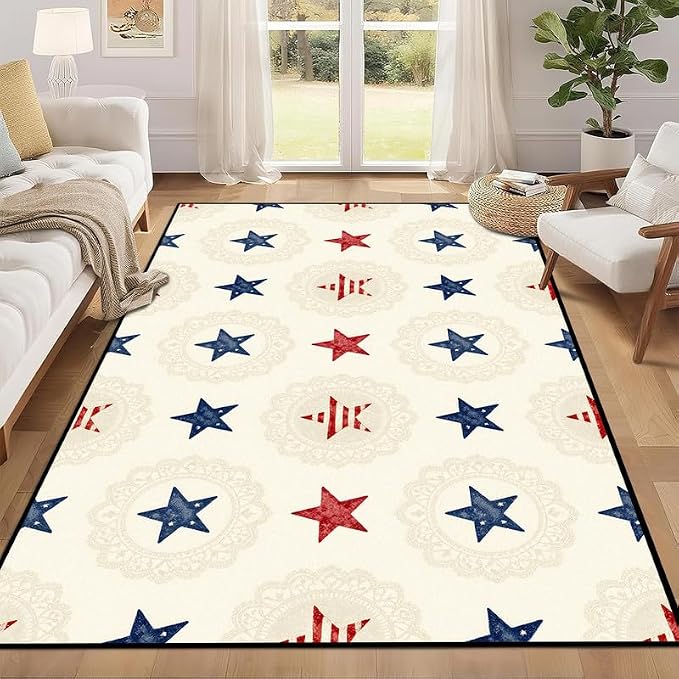 Star Area Rug 5'x7' Vintage Red Blue White Carpet Washable Low Pile Floor Mat Rugs for Bedroom Living Room Nursery Playroom Classroom Home Decor