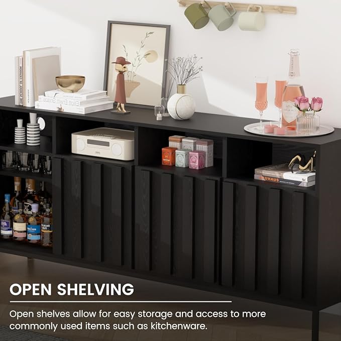 COCO DESIGN 70" Buffet Sideboard Cabinet with Fluted Panel Doors, Large Credenza Console with Power Outlet & Adjustable Shelves, Modern Storage Cabinet for Kitchen & Living Room, Black