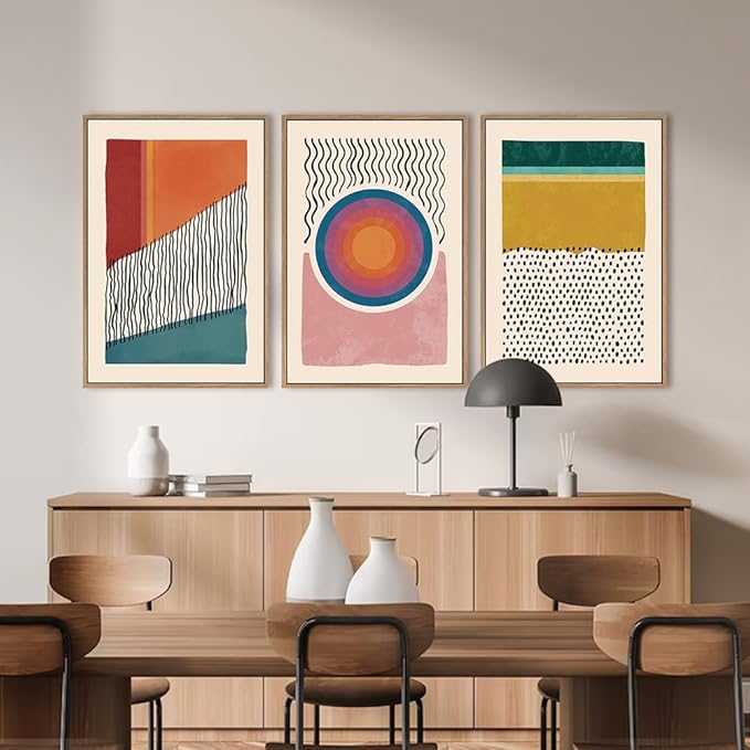 HPINUB Boho Framed Canvas Prints Wall Art Set, Mid-Century Abstract Color Block Shape Wall Decor, Geometric Illustrations Art Photos for Living Room, Bedroom, Dining Room, Office, Bathroom-24"x36"x3