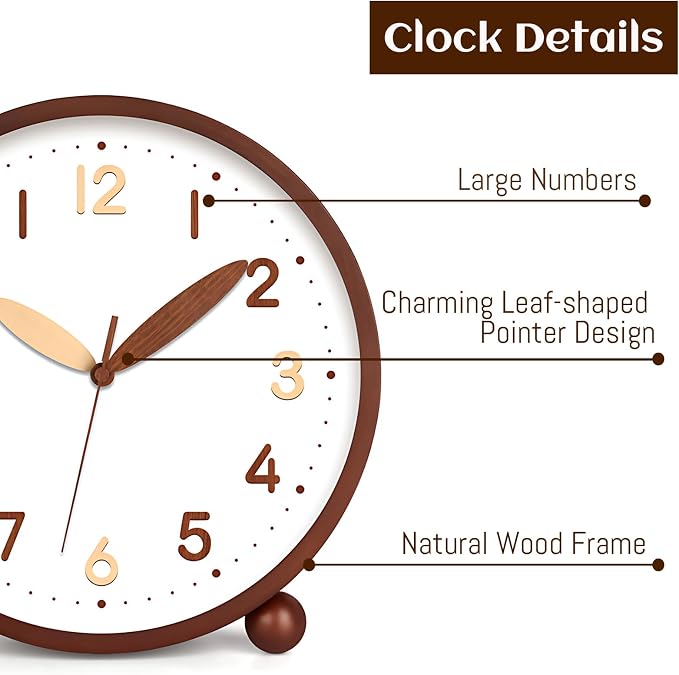 Maxspace Wooden Table Clock,8in Silent Non-Ticking Desk Clock,Battery Operated Desktop Analog Clock for Living Room Bedroom Kitchen Office Classroom Decor (Walnut - Double Wood Font)