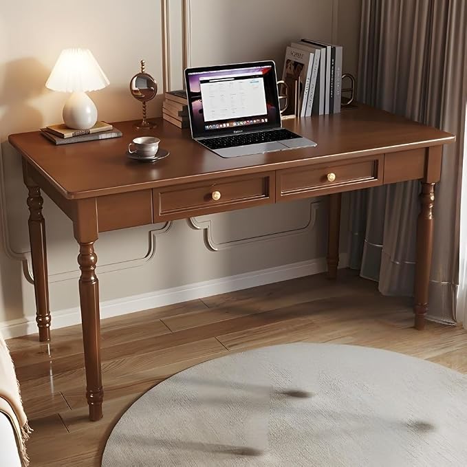 Computer Desk with 2 Drawers Mid-Century Modern Wooden Writing Desk Vintage Vanity Table Study Work Table for Office Heavy Duty(Brown,100cm)