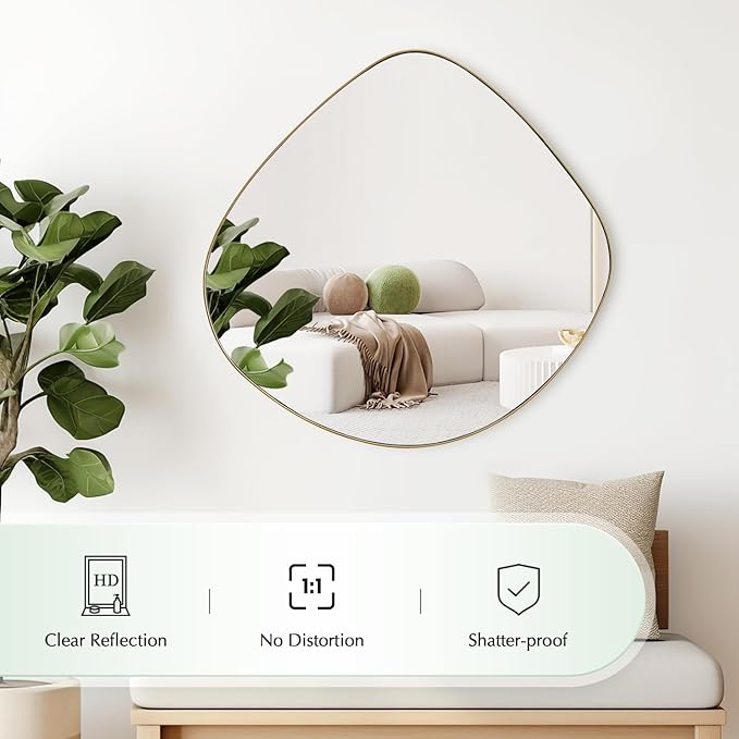Asymmetrical Wall Mirror Matel Brass Framed Wall Mirror for Living Room Bedroom Bathroom Entryway Wall Decor 23.6" L x 23.6" W ELE-004G