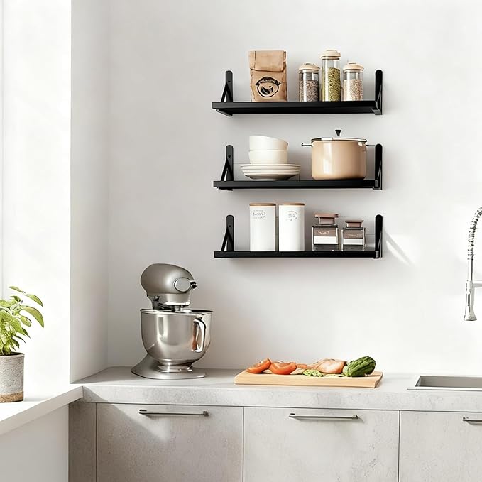 Fixwal Black Shelves for Wall, Wood Wall Mounted Floating Shelves for Bedroom, Bathroom, Living Room, Kitchen Storage and Decor(Black, Set of 3, 16.5 Inch)