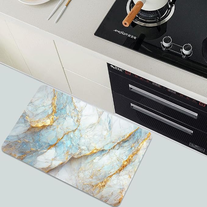 Diatomaceous Earth Bath Mat,Blue, White and Gold Marble Non-Slip Volume Super Absorbent Fast Drying for Bathroom Kitchen Door mat,Eco-Friendly Easy to Clean 20×31Inch (50 * 80cm)