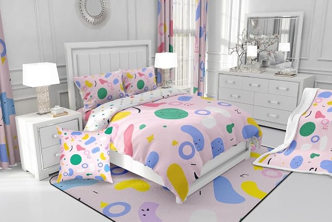 Erosebridal Cow Print Bedding Set Memphis 80s Comforter Cover,Vintage 90s Memphis Duvet Cover Abstract Geometric Retro Bed Set Full,Rainbow Cowhide Urban Modern Circles Triangle Pink Room Decor