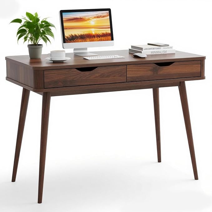 POWERSTONE Mid Century Office Desk with 2 Drawers - Vintage Writing Desk Computer Workstation with Sturdy Rubberwood Legs & Spacious 43.5" Desktop for Home Office Bedroom (Walnut)