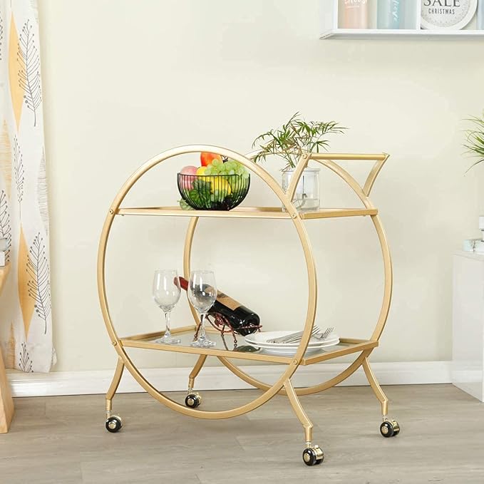 MAIKAILUN Bar Cart with 2 Mirrored Shelves, Modern Metal Bar Serving Cart with Locking Caster Wheels and Handle, Gold Round Bar Carts for The Home,Kitchen,Club,Living Room(28.34''W14.96''D31''H)
