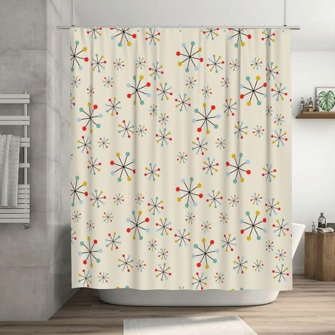 Mid Century Shower Curtain Beige Atomic Space Age Abstract Repeating Pattern Duty Fabric Shower Curtains Set Bathroom Polyester Waterproof with 12 Hooks,72x72Inch（183x183cm）