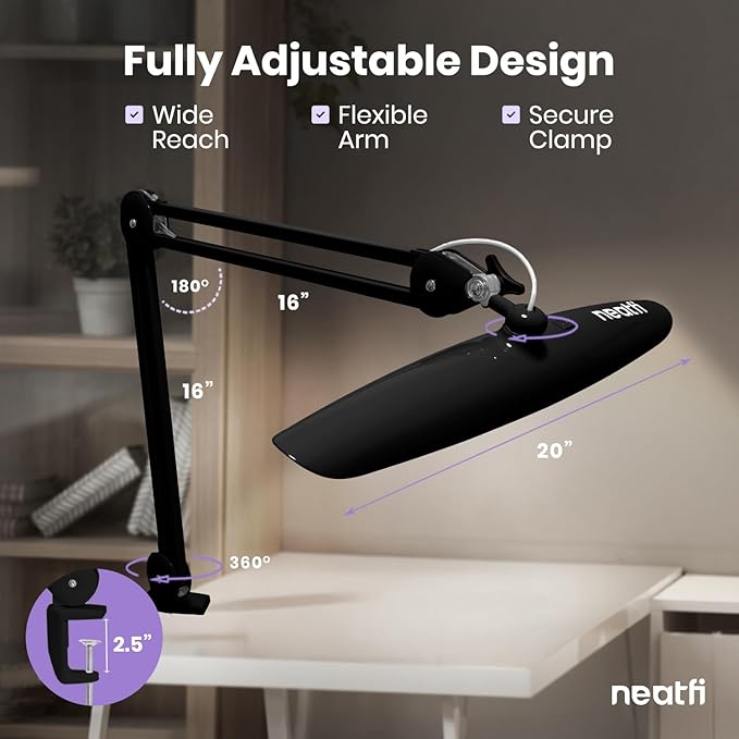 Neatfi XL Nail Desk Lamp with Clamp, 2200 Lumens, 20-Inch Wide Head, Dimmable 4 Levels, 6500K, LED Task Light for Manicure Table, Crafts, Workbench, Office (Non-CCT, Black)