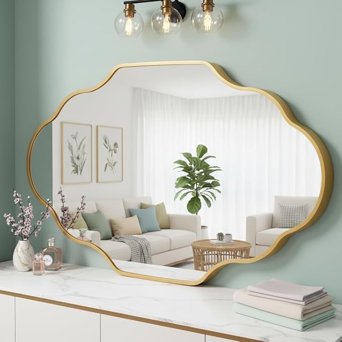 Gold Scalloped Bathroom Mirror, Irregular Wall Mirror with Brushed Metal Frame, HD Glass Decorative Mirror for Wall Decor, Vanity Mirror for Bathroom, Bedroom & Entryway (20" x 36", 2 Pack)
