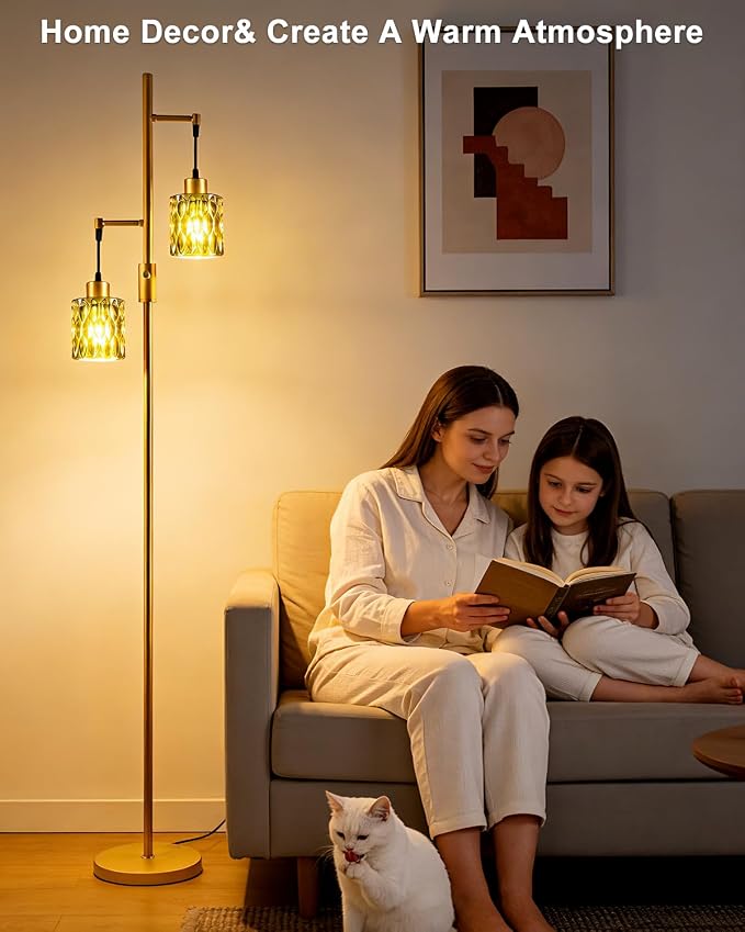 65IN Glass Floor Lamp, 2-Light Gold Tall Standing Lamps Dimmable with Green Glass Lampshade, 3000K Warmwhite Mid Century Modern Floor Lamp with 5Lbs Heavy Base for Living Room/Bedroom/Corner