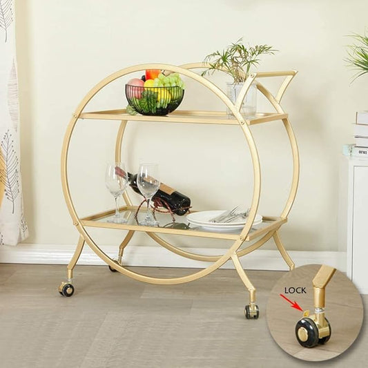 MAIKAILUN Bar Cart with 2 Mirrored Shelves, Modern Metal Bar Serving Cart with Locking Caster Wheels and Handle, Gold Round Bar Carts for The Home,Kitchen,Club,Living Room(28.34''W14.96''D31''H)