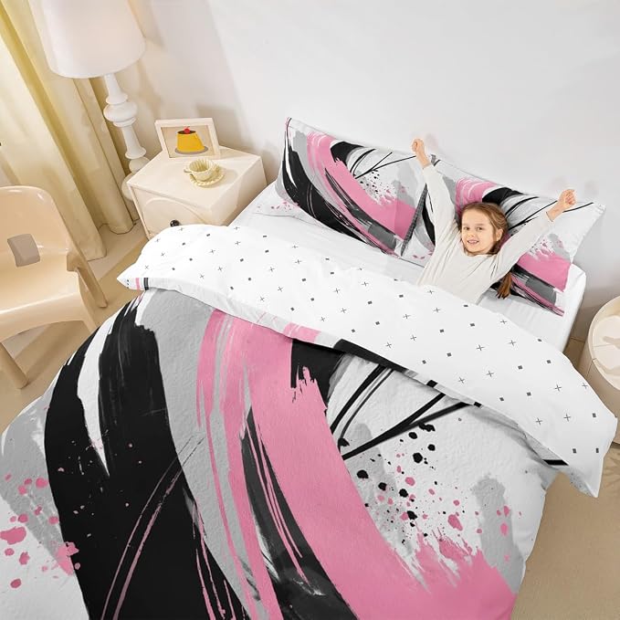 Erosebridal Black and Pink Duvet Cover King - Geometric Decorative Abstract Bedding Striped Bed Set for Girls Boys Adults Watercolor Minimalists Graffiti Aesthetic Lines Bed Cover
