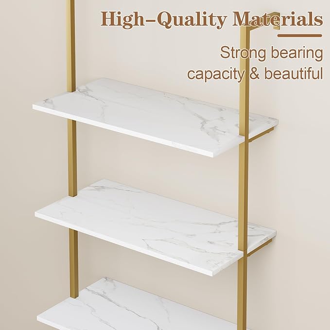 Wolawu Ladder Shelf 2PCS Wall Mounted Bookshelf 6 Tiers Marble White Modern Bookshelf Open Tall Wall Mount Bookcase Standing Leaning Wall Shelves Industrial Decorative Living Room Bed Room