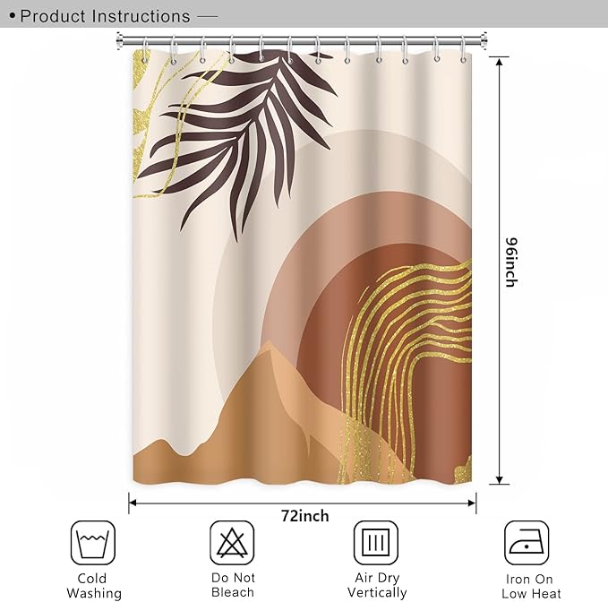 Abstract Mid Century Boho Bathroom Shower Curtain with Eucalyptus Leaves Gold Lines Mountains, Waterproof Polyester Fabric, 72x96 Inch