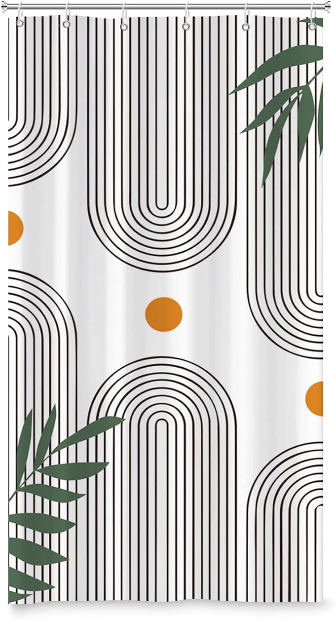 Boho Mid Century Shower Curtain Bohemian Minimalist Geometric Arch Sun Bathroom Curtain Sage Green Plant Polyester Shower Curtain Sets for Bathroom Extra Long 36x72 in with 6 Hooks