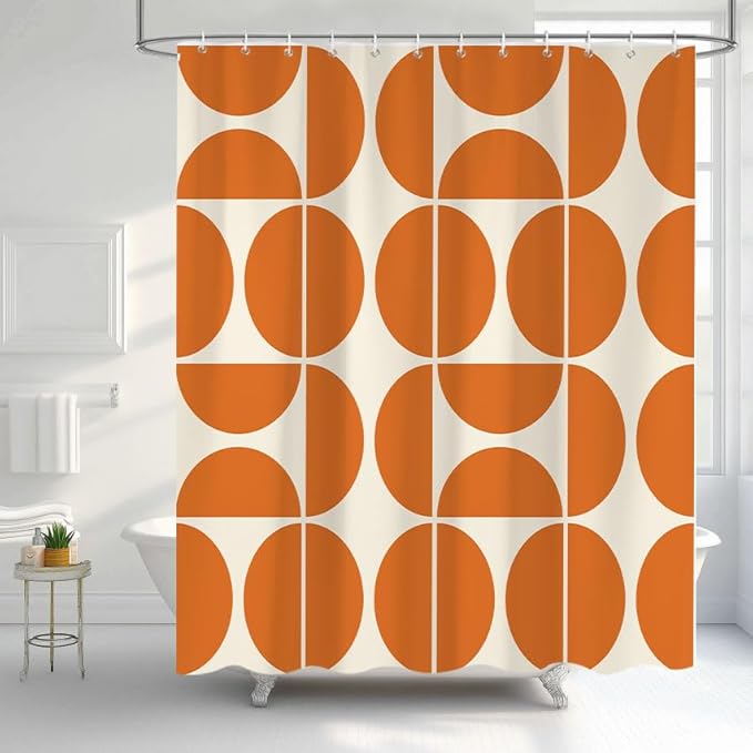 Orange Mid Century Modern Shower Curtain, Boho Abstract Geometric Retro Art Bath Curtains For Bathroom, Colorful Unique Pattern Waterproof Polyester Fabric Bathroom Accessories Set 12 Hooks 72X84IN
