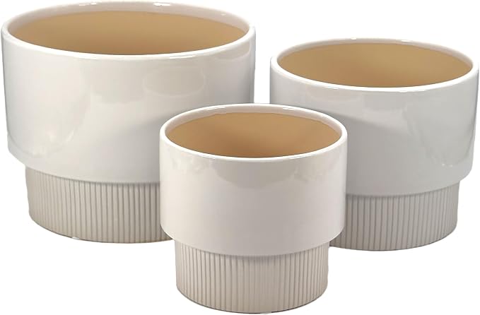 Galt International Set of 3 (8", 10", 12") Mid Century Modern Off White Flat Ribbed Ceramic Planter Pots Flower Pot Indoor House Plants Decor w/Drainage Hole & Plug
