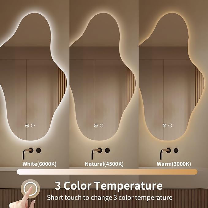 Modern Irregular LED Bathroom Mirror with Lights, Asymmetrical Frameless Smart Lighted Wall Mirror for Living Room Entryway, Large Decorative Makeup Vanity Mirror with Touch Switch(29.2″x51.2″)