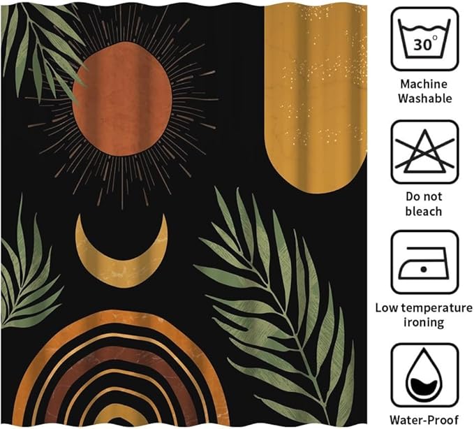 Black Mid Century Boho Shower Curtain for Bathroom Green Leaves Arch Sun Moon Shower Curtains Bohemian Abstract Bathroom Decor Set Washable Waterproof Polyester Fabric with Hooks 70x72 Inch