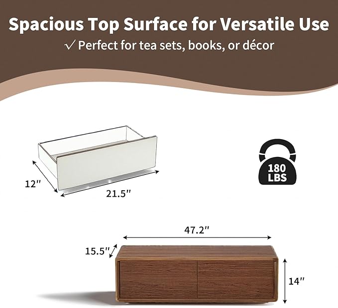 Luxury Walnut Wood Square Coffee Table with Large Hidden Storage, Expandable Tabletop Center Table for Living Room, Modern Accent Table with Drawers (Walnut Coffee Table)