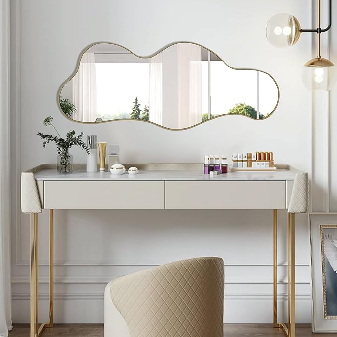 POZINO Irregular Wall Mirror, 39.3"x16" Asymmetrical Mirrors, Cloud Shaped Mirror, Gold Modern Abstract Mirrors for Bathroom Living Room Bedroom Entryway Hallway
