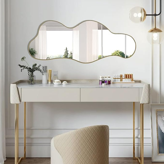 POZINO Irregular Wall Mirror, 39.3"x16" Asymmetrical Mirrors, Cloud Shaped Mirror, Gold Modern Abstract Mirrors for Bathroom Living Room Bedroom Entryway Hallway