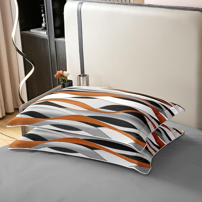 Erosebridal Orange Grey Black Bedding Set King Wave Stripe Print 100% Cotton Duvet Cover Geometric Spiral Pattern Comforter Cover for Kids Teens Adults Abstract Art Bed Set 3 Pcs