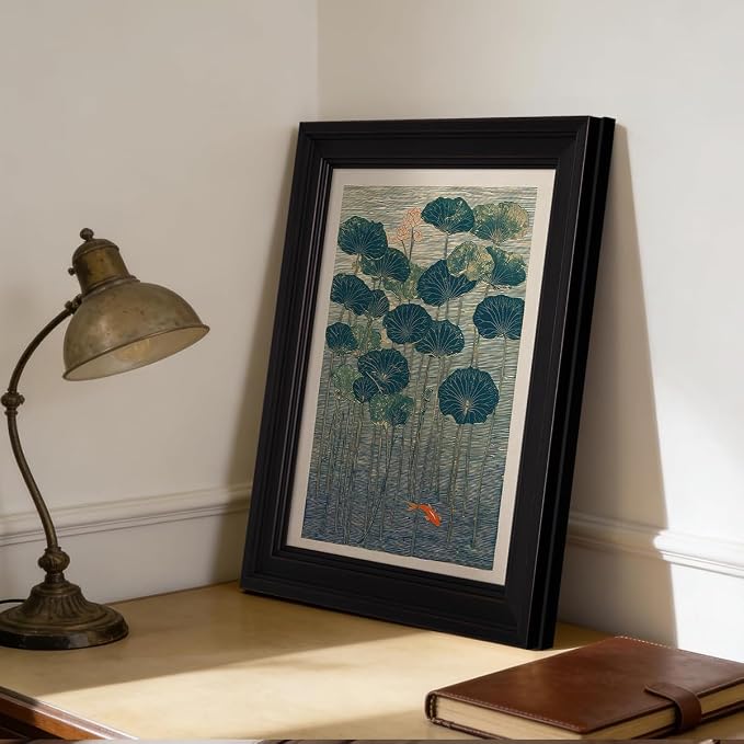 Vintage Framed Lotus And Koi Canvas Poster Japanese Floral Botanical Pond Wall Art Retro Oriental Asian Prints Decor for Bedroom Zen Meditation Room Home 20x30 inch