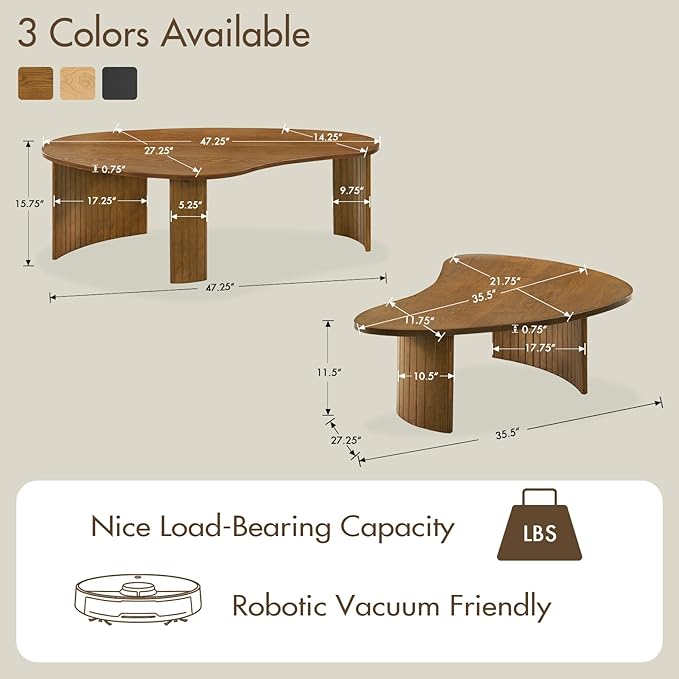 Walnut Nesting Coffee Tables Set of 2, Mid Century Modern Center Table with Fluted Wooden Legs and Oval Mango Shape for Living Room, Small Apartment