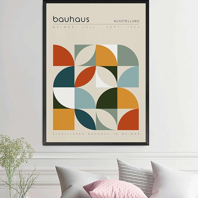 Canvas Painting Poster and Print Bauhaus Exhibition Poster Geometric Print Abstract Wall Art Mid Century Modern Beige Orange Sage Decor Living Room and Bedroom Home Decoration 12x18inch metal frame