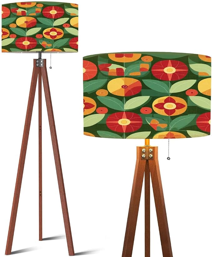Wood Tripod Floor Lamp Flowers leaves nature Abstract geometric seamless Decorative ornament Mid Century Standing Lamp Linen Shade Dimmable Modern Tall lamp Home Decor for Living Room Bedroom Office