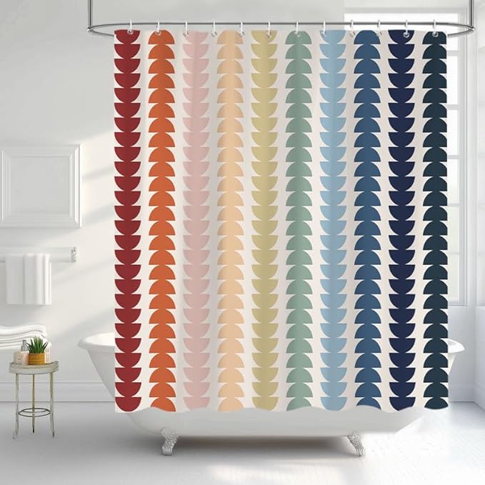 Modern Geometric Shower Curtain, Vintage Rainbow Mid-Century Abstract Art Design Bath Curtains for Bathroom, Colorful Semicircular Pattern Waterproof Polyester Fabric Bathroom Set 12 Hooks 72X72IN
