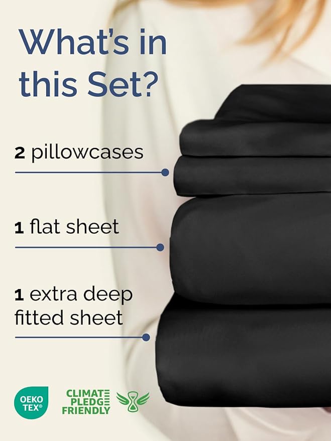 Extra Deep Twin Sheet Set - 4 Piece Breathable and Cooling Sheets - Hotel Luxury Bedding for Women, Men, Kids & Teens - Easy & Secure Fit - Soft, Wrinkle Free and Comfy - Extra Deep Pockets - Black