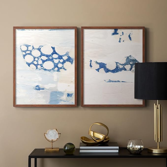 Renditions Gallery Set of 2 Peel & Stick Framed Prints, Textured Abstract Wall Art, White Blue Bubble Like Pattern Wall Decor, Re-Stickable - Ready to Hang - 16"x20" - Walnut Frame LT588