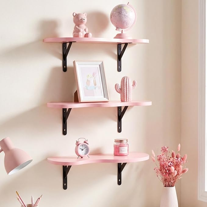 AceOrbit 3 Pcs Pink Floating Shelves Wavy Cloud Shelves Cute Wooden Shelf Live Edge Wall Mount Shelf Kawaii Pastel Room Decor Bookshelves Organize for Bedroom Living Room Home Decor Housewarming Gifts