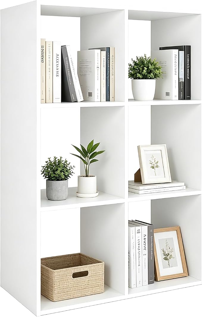 Endearing Limons【2026 Wooden 6 Cube Shelf Storage Organizer with Anti-Tipping Kits + Reversible Open Back Solid Panel Bookcase (11 x 11 Unit Cell White)