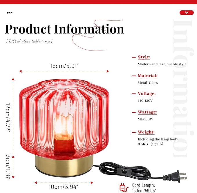 Red Glass Table Light Touch Table lamp Mid Century Modern Table lamp Gold Desk lamp nightstand lamp Vintage Table Lamps Small Table Lamp for Bedside end Table Bedroom Living Room Office