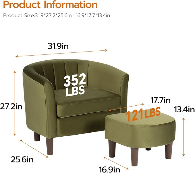 FDW Velvet Barrel Accent Chair with Ottoman, Modern Armchair with Ottoman Set, Comfortable Reading Chair for Living Room, Bedroom & Apartment Lounge, Green