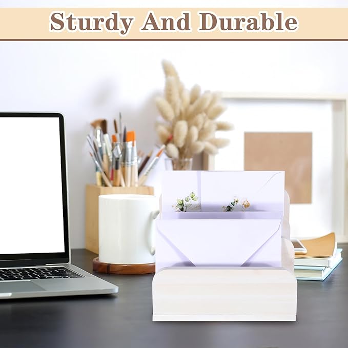 Briwooody Wooden Mail Organizer 3 Slots Mail Holder for Desk Wood File Paper Letter Holder for Letter Envelope Filing Cell Phone Document Storage, Organizer Tray for Office and Home(White)