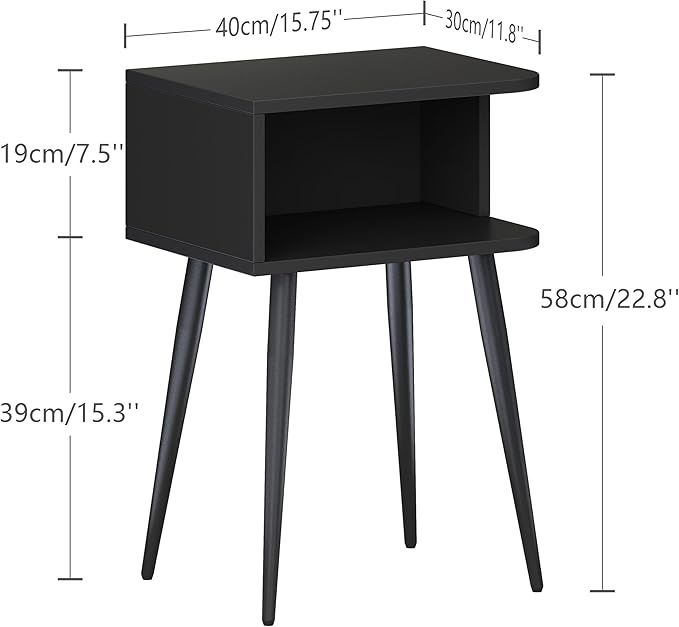 Black Nightstand Set of 2, Small Bed Side Table for Small Spaces, Mid Century Modern Nightstand End Table with Open Storage, Side Table for Bedroom Living Room, MLBZ20B-2