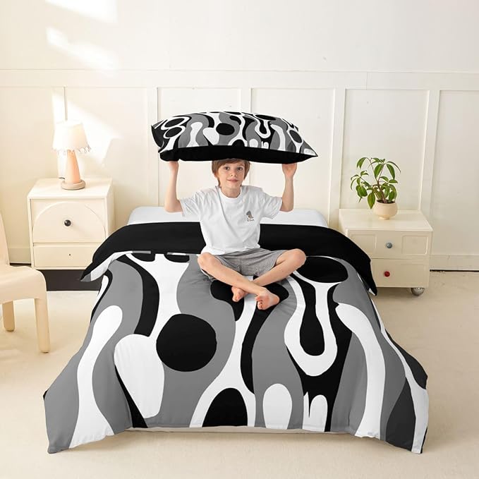 Erosebridal Organic Geometric Duvet Cover Set Modern Abstract Girl Toddler Bedding Set for Youth Boys Retro Mid Century Comforter Cover Modern Fluid Art Irregular Circles Bed Sets,Gray Black