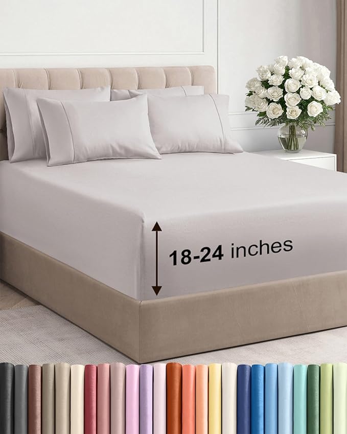 Extra Deep Queen Sheet Set - 6 Piece Breathable and Cooling Sheets - Hotel Luxury Bedding for Women, Men, Kids & Teens - Easy Secure Fit - Soft, Wrinkle Free & Comfy - Extra Deep Pockets - Light Grey