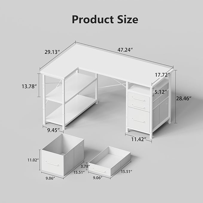 Maihail 47" Computer Desk with Drawers, Desks for Bedrooms, Writing Desk with Storage, Work Desk for Small Space, White