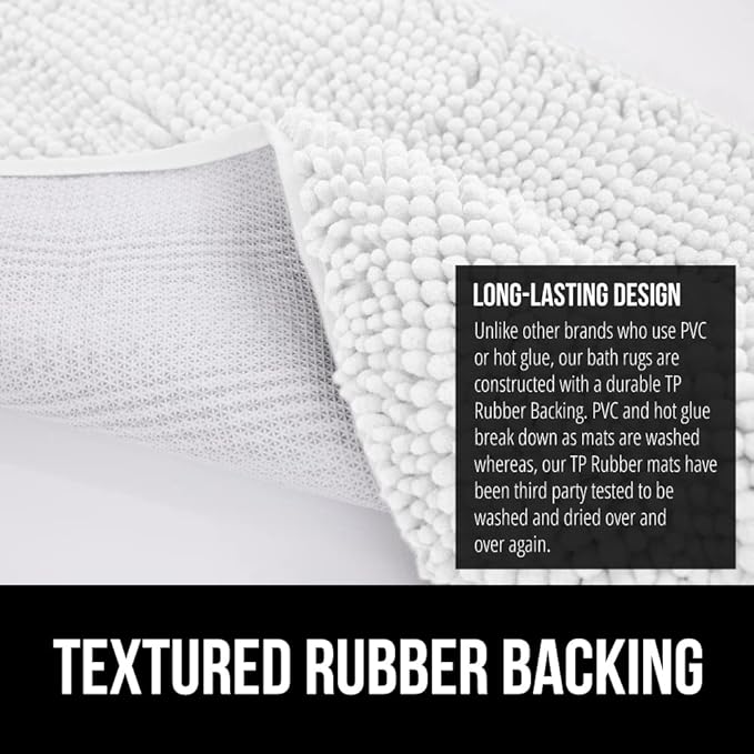 GORILLA GRIP Bath Rug Mat 60x17, Thick Soft Absorbent Chenille, Quick Dry Microfiber Mats, Rubber Backing Washable Shower Floor Rugs, Bathmat Runner, US Designed Bathroom Home Decor Accessories White