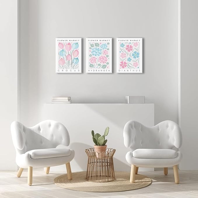 BingruiArt Flower Market Wall Art Pink and Blue Canvas Boho Floral Wall Decor Botanical College Coquette Girly Preppy Posters Prints Pictures for Apartment Batroom Bedroom Dorm Room 3Pcs 12"x16" Framed