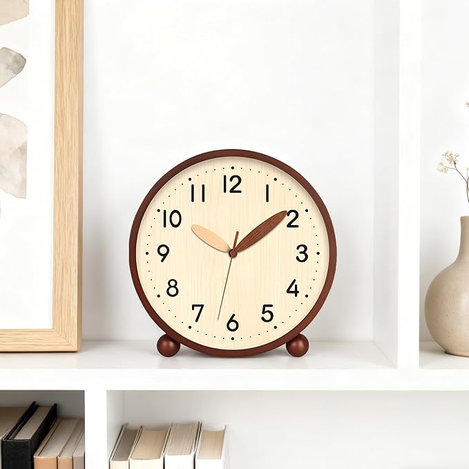 Maxspace Wooden Table Clock,8in Silent Non-Ticking Desk Clock,Battery Operated Desktop Analog Clock for Living Room Bedroom Kitchen Office Classroom Decor (Walnut - Log)