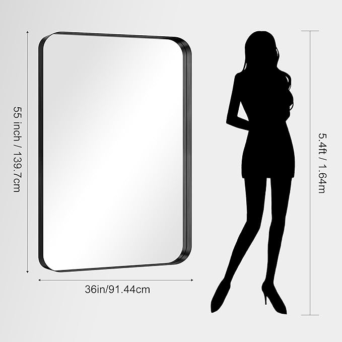 CIRCUMI Black Bathroom Mirror, 36"x55" Rectangular Mirror with Deep Metal Frame, Rounded Corner, Tempered Glass, Large Mirror for Wall, Over 2 Sinks, Installed Vertically/Horizontally, Crystal-Clear